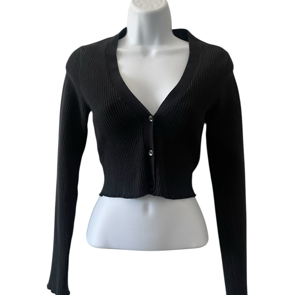 GOOD AMERICAN Black Cropped Cardigan Size 1/2 Ribbed Knit Cozy - Picture 2 of 7